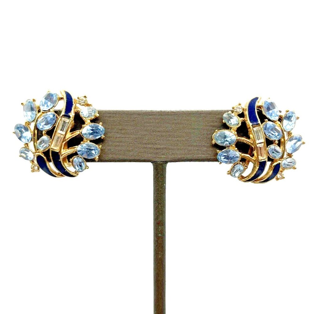 Vintage TRIFARI Earrings Icy Blue Rhinestone Enamel Clip Earrings Gold Tone 1"